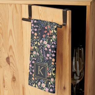 Monogram Garden Dark Background Wildflower Floral Kitchen Towel