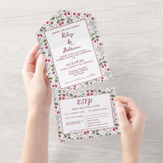 Monogram Garden Raspberry Spring Floral Wedding All In One Invitation (Tearaway)