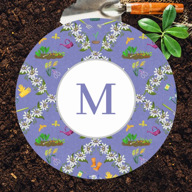 Monogram Gardening Damask Purple Pattern Classic Round Sticker (Creator Uploaded)