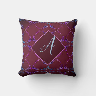 Monogram Garnet Blush Purple Rose Hearts Throw Pillow