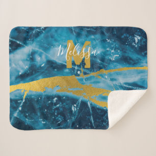 Monogram Geode Agate Gemstone Blue and Gold Sherpa Blanket