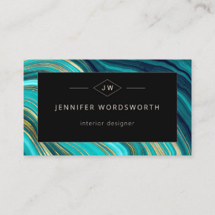 Monogram Geode Green Agate Malachite QR Code Business Card