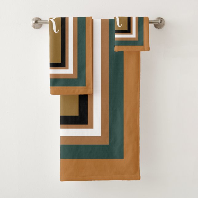 Monogram Geometric  Blocks Copper Bronze Green Bath Towel Set (Insitu)