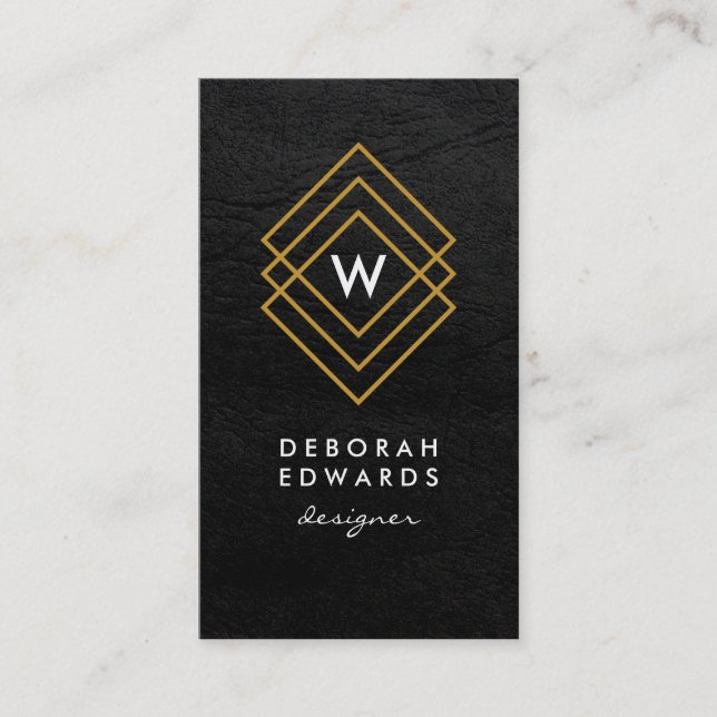Monogram Geometric Gold Squares Faux Leather Business Card (Front)