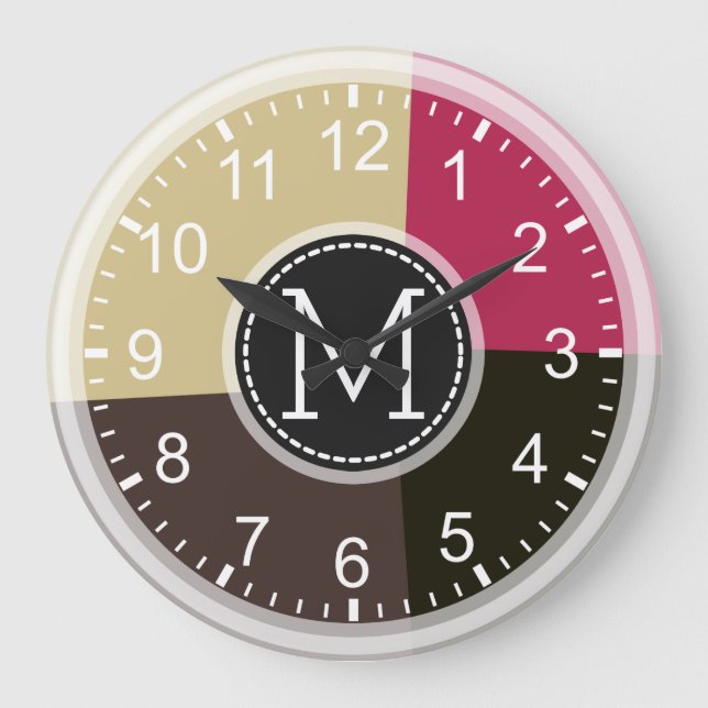 Monogram Geometric Modern Retro Colourful Large Clock (Front)