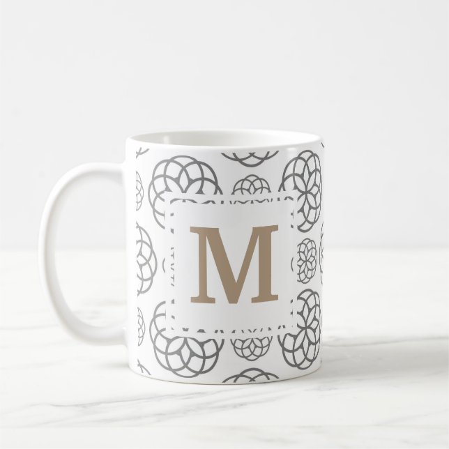 Monogram Geometric Pattern Grey Gold Personalized Coffee Mug (Left)