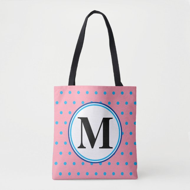 Monogram Geometric Pink Blue Polka Dots Tote Bag (Front)