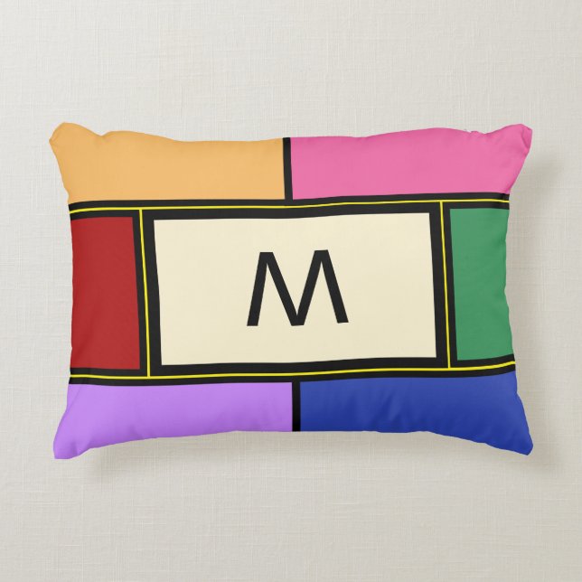 Monogram Geometric Red Pink Blue Green Accent Pillow (Front)
