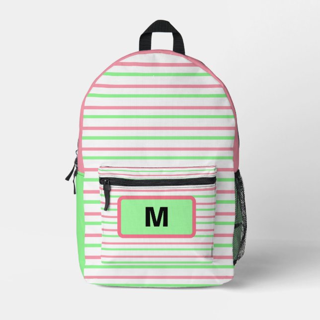 Monogram Geometric Stripes Pink Green White Printed Backpack (Front)