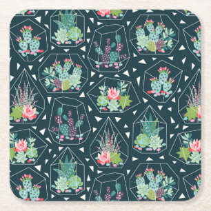 Monogram Geometric Succulents Pattern Square Paper Coaster