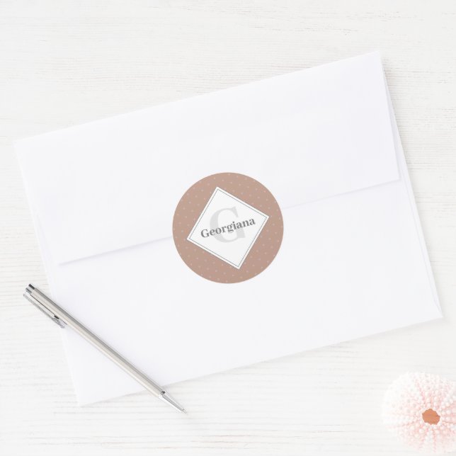Monogram Geometric Warm Neutrals Beige Polka Dots Classic Round Sticker (Envelope)