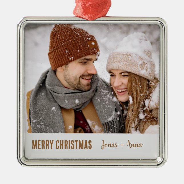 Monogram gift Merry Christmas Cute couple Brown Metal Ornament (Front)