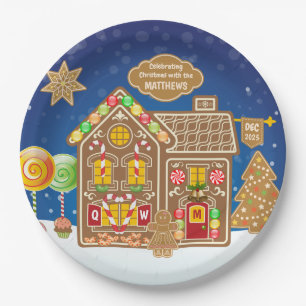 Monogram Gingerbread House Christmas Cookies Candy Paper Plate