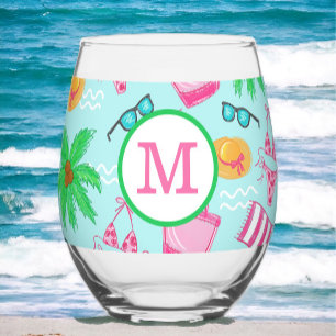 Monogram Girl’s Weekend Favour Bikini Palm Tree  Stemless Wine Glass