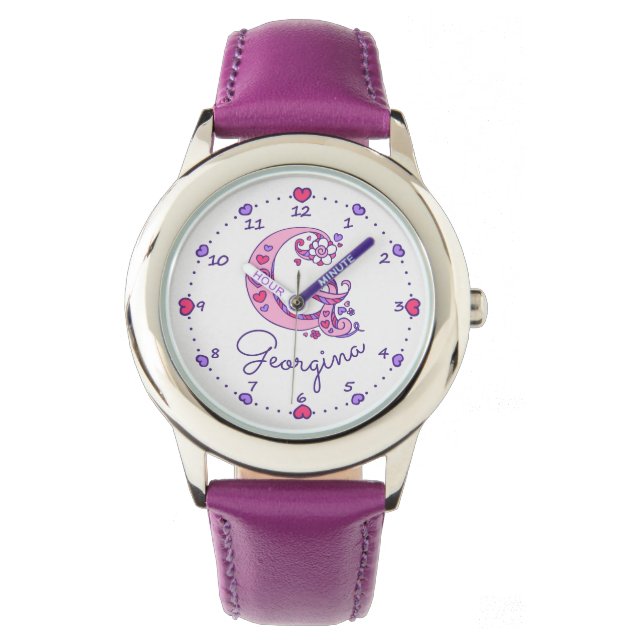 Monogram girls G doodle heart art name watch (Front)
