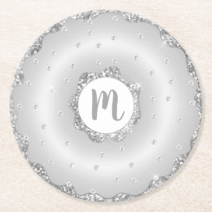 Monogram girly chic silver glitter doughnut script round paper coaster