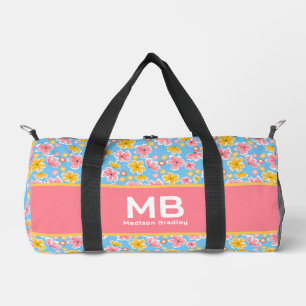 Monogram Girly Floral Pink Blue Personalized Name  Duffle Bag