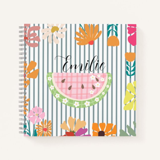 Monogram girly floral Watermelon Stripped pattern Notebook (Front)