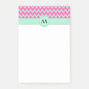 Monogram Girly Pink and Green Zigzag Pattern Post-it Notes