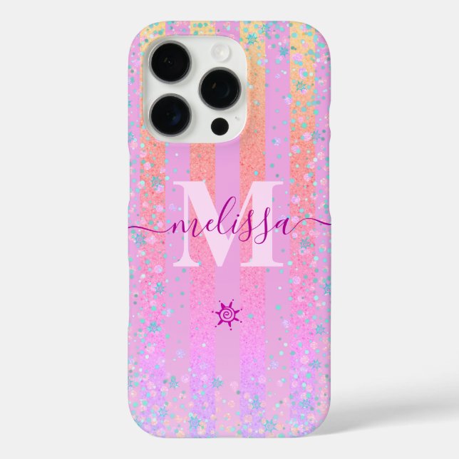 Monogram Girly Pink Glitter Rainbow Ombre Script Case-Mate iPhone Case (Back)