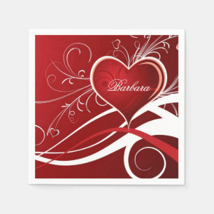 Monogram Girly Red & White Heart And Floral Swirls Napkin