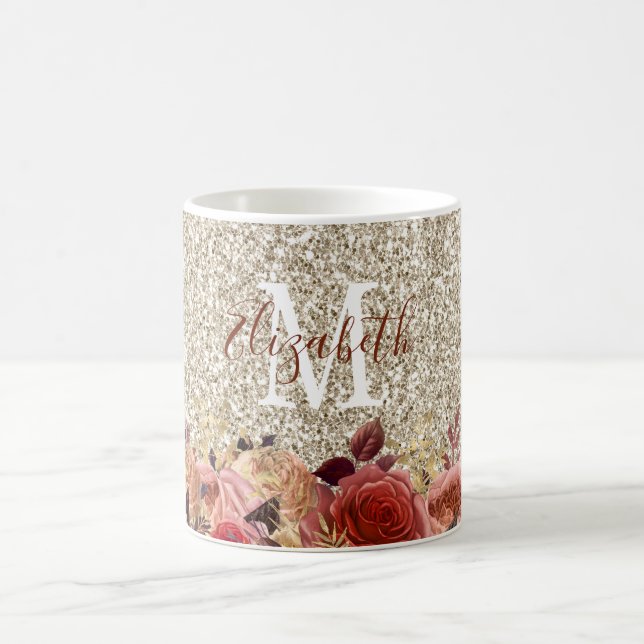 Monogram Girly Rose Gold Floral Light Gold Glitter Coffee Mug (Center)