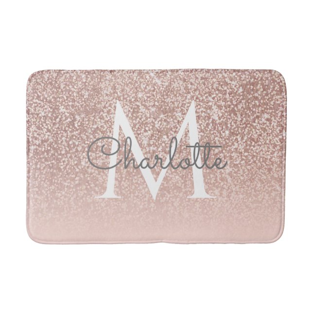 Monogram Girly Rose Gold Glitter Blush Pink Bath Mat (Front)