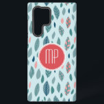 Monogram Girly Whimsical Leaves Pattern Samsung Galaxy Case<br><div class="desc">A whimsical and girly monogram pattern design with leaves in pale turquoise,  teal and coral red tones with a stylish banner in coral red and white to personalize with your monogram initials.</div>