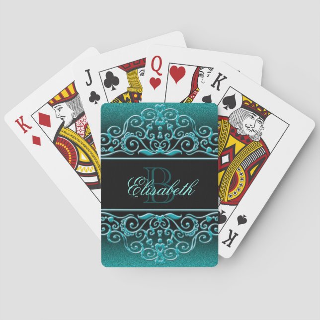 Monogram Glitter Black and Aqua Playing Cards (Back)