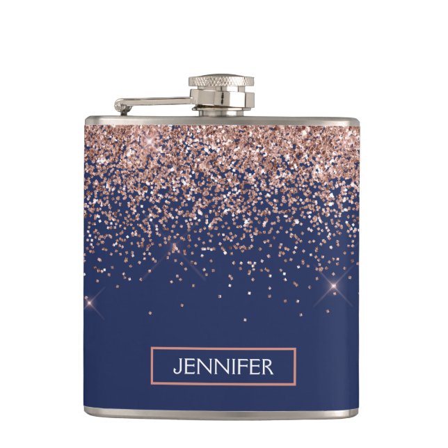 Monogram Glitter Blush Pink Rose Gold Navy Blue Hip Flask (Front)