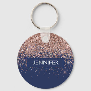 Monogram Glitter Blush Pink Rose Gold Navy Blue Keychain