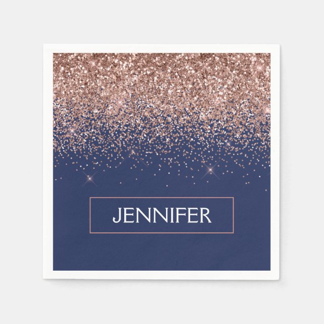 Monogram Glitter Blush Pink Rose Gold Navy Blue Napkin (Front)