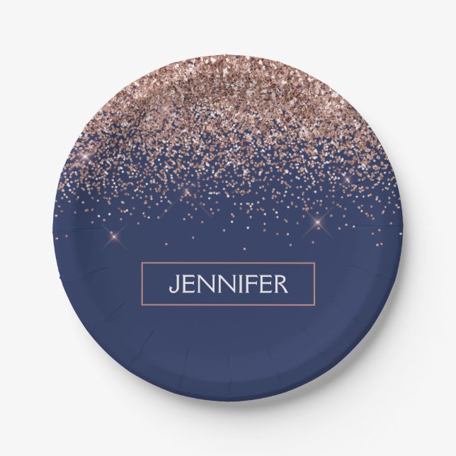 Monogram Glitter Blush Pink Rose Gold Navy Blue Paper Plate (Front)