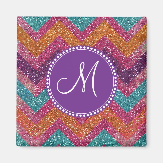 Monogram Glitter Chevron Pink Purple Orange Teal Magnet (Front)