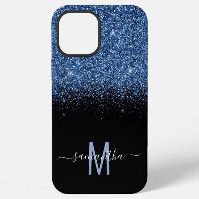 Monogram Glitter Fading Calligraphy Name  Blue iPhone Case (Back)