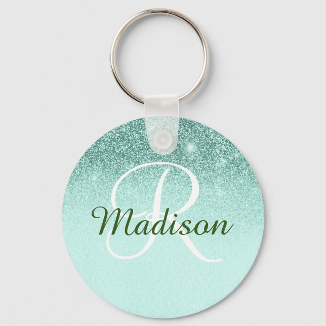 Monogram Glitter Gift Ombre Green Mint Keychain (Front)