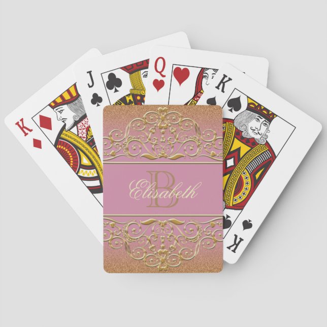 Monogram Glitter Golden and Pink Playing Cards (Back)