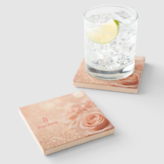 Monogram Glitter Rose Gold Background and Rose Stone Coaster