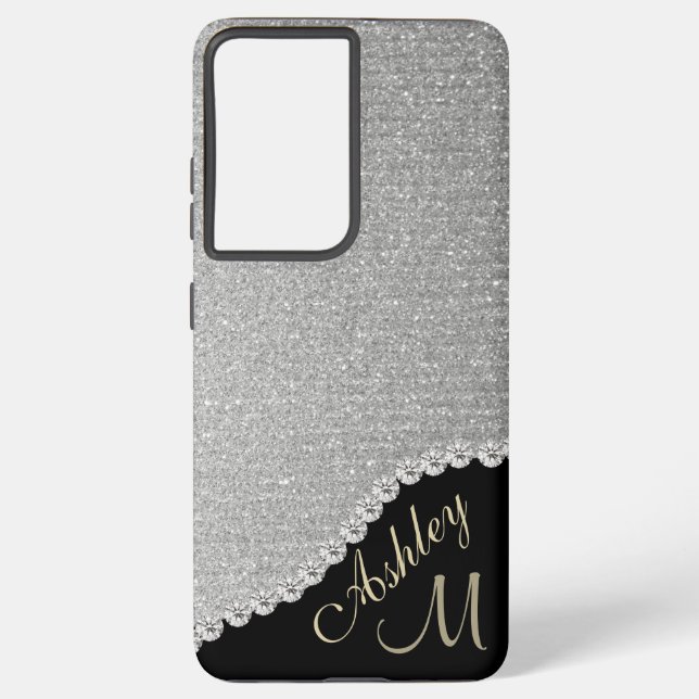Monogram Glitter Silver Glam Samsung Galaxy Case (Back)