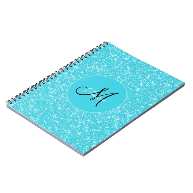 Monogram Glitter Sparkle Teal White Girly Elegant Notebook (Left Side)