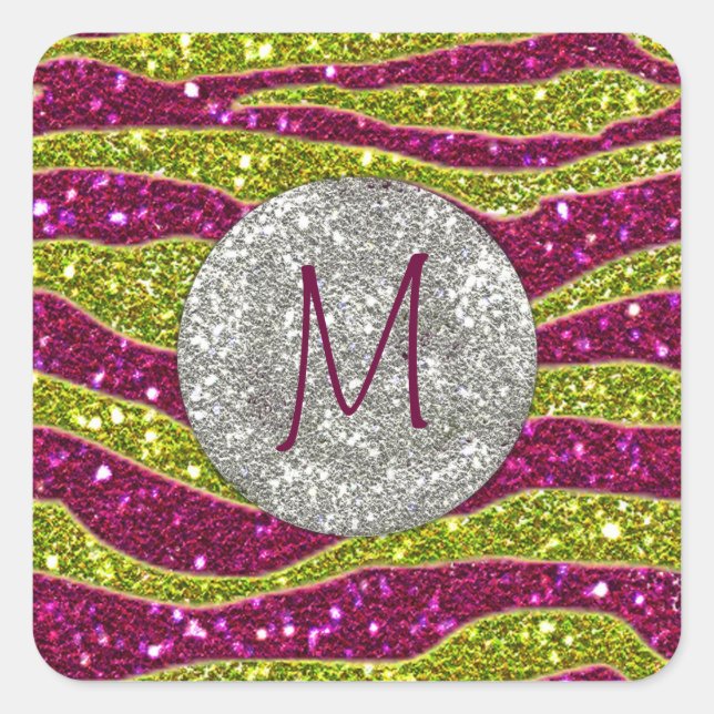 Monogram Glitters Yellow Pink Zebra Stripes Square Sticker (Front)