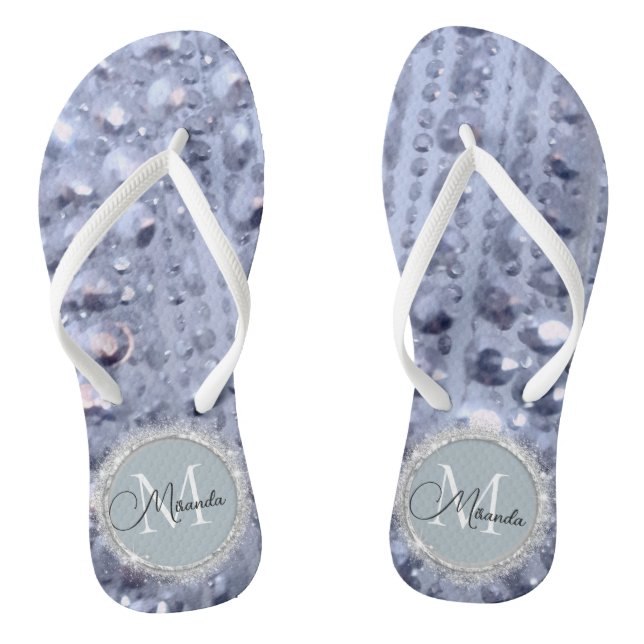Monogram Glittery Blue Beads Flip Flops (Footbed)