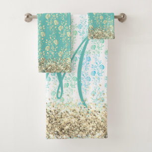 Monogram Glittery Flowers on Teal Bath Towel Set