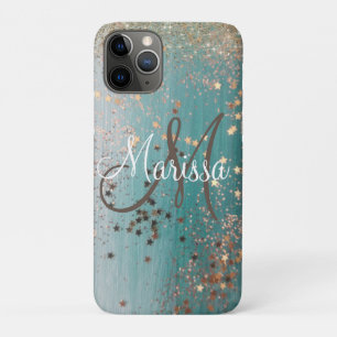Monogram Glittery Stars on Teal Personalized iPhone 11 Pro Case