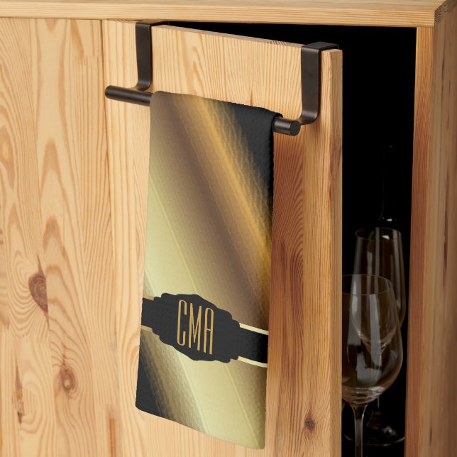 Monogram Gold Abstract Diagonal Stripes Kitchen Towel (Thirds Fold)