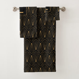 Monogram Gold and Black Art Deco Pattern Bath Towel Set