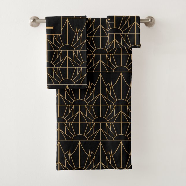 Monogram Gold and Black Art Deco Pattern Bath Towel Set (Insitu)