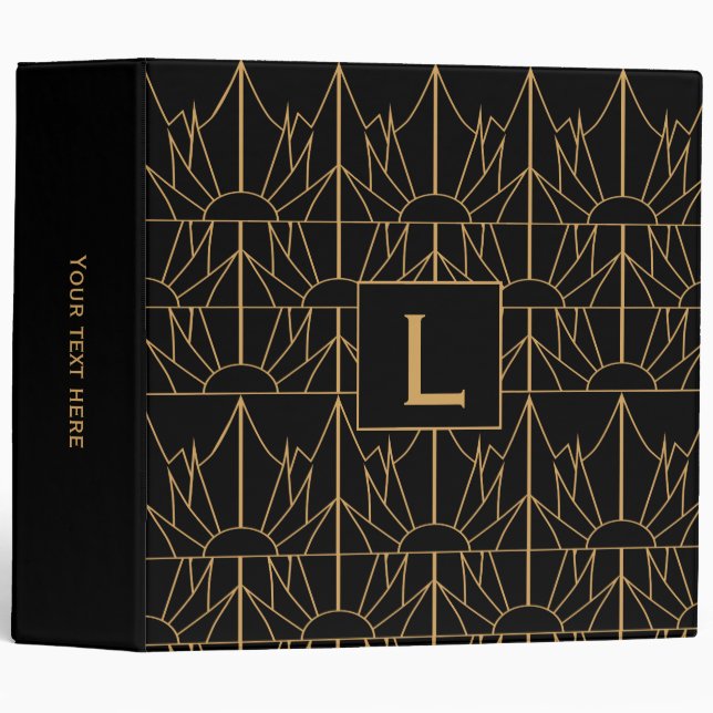 Monogram Gold and Black Art Deco Pattern Binder (Front/Spine)