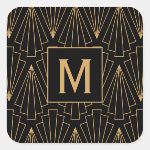 Monogram Gold and Black Art Deco Pattern Square Sticker
