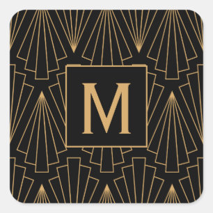 Monogram Gold and Black Art Deco Pattern Square Sticker